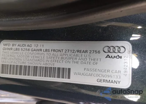 2012 Audi A6 3.0 Premium z USA, uszkodzony, nr VIN WAUGGAFC0CN095133